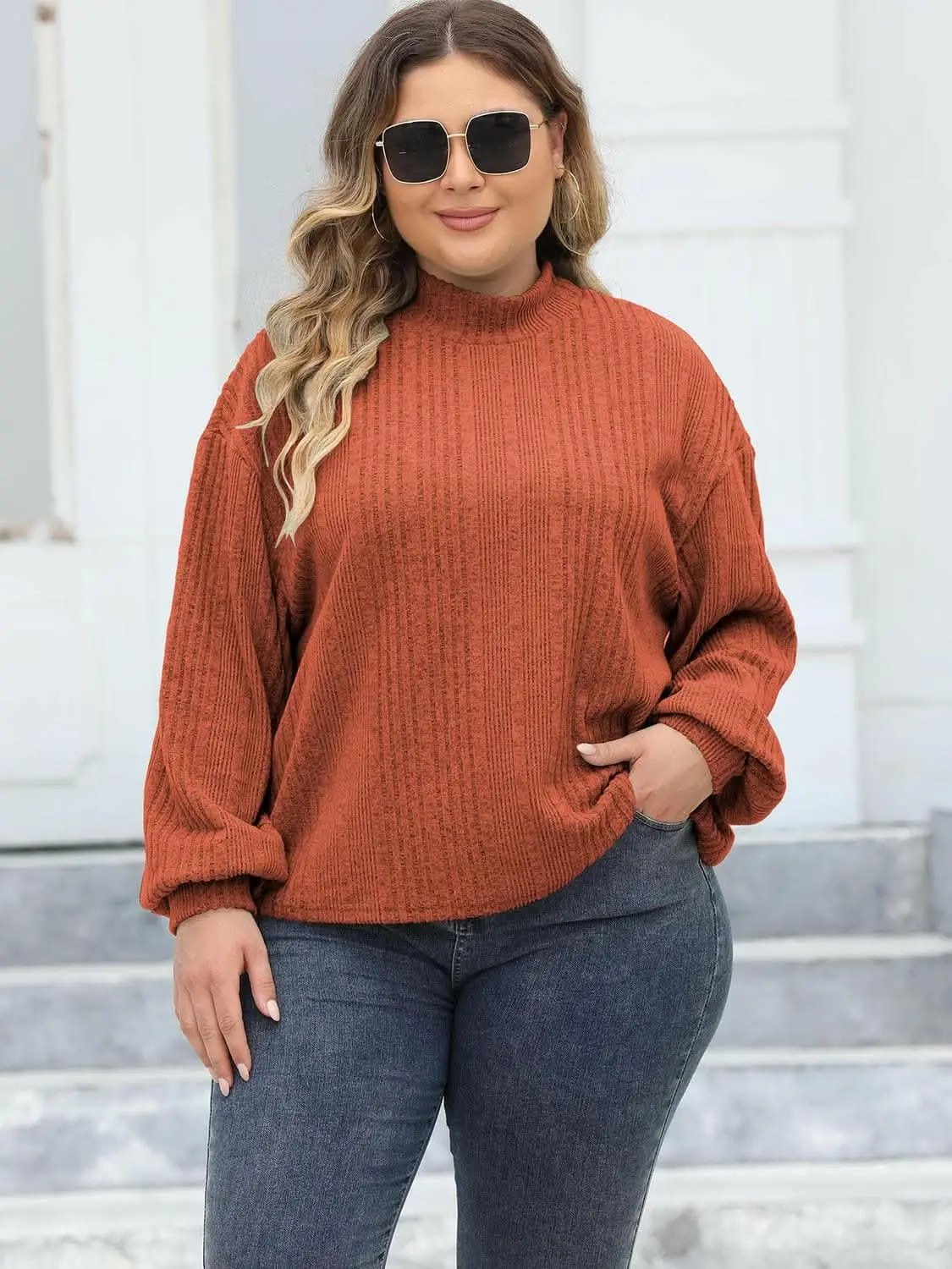 Sweaters Trendsi Plus Size Ribbed Top Women's Cozy Mock Neck Casual Tee
