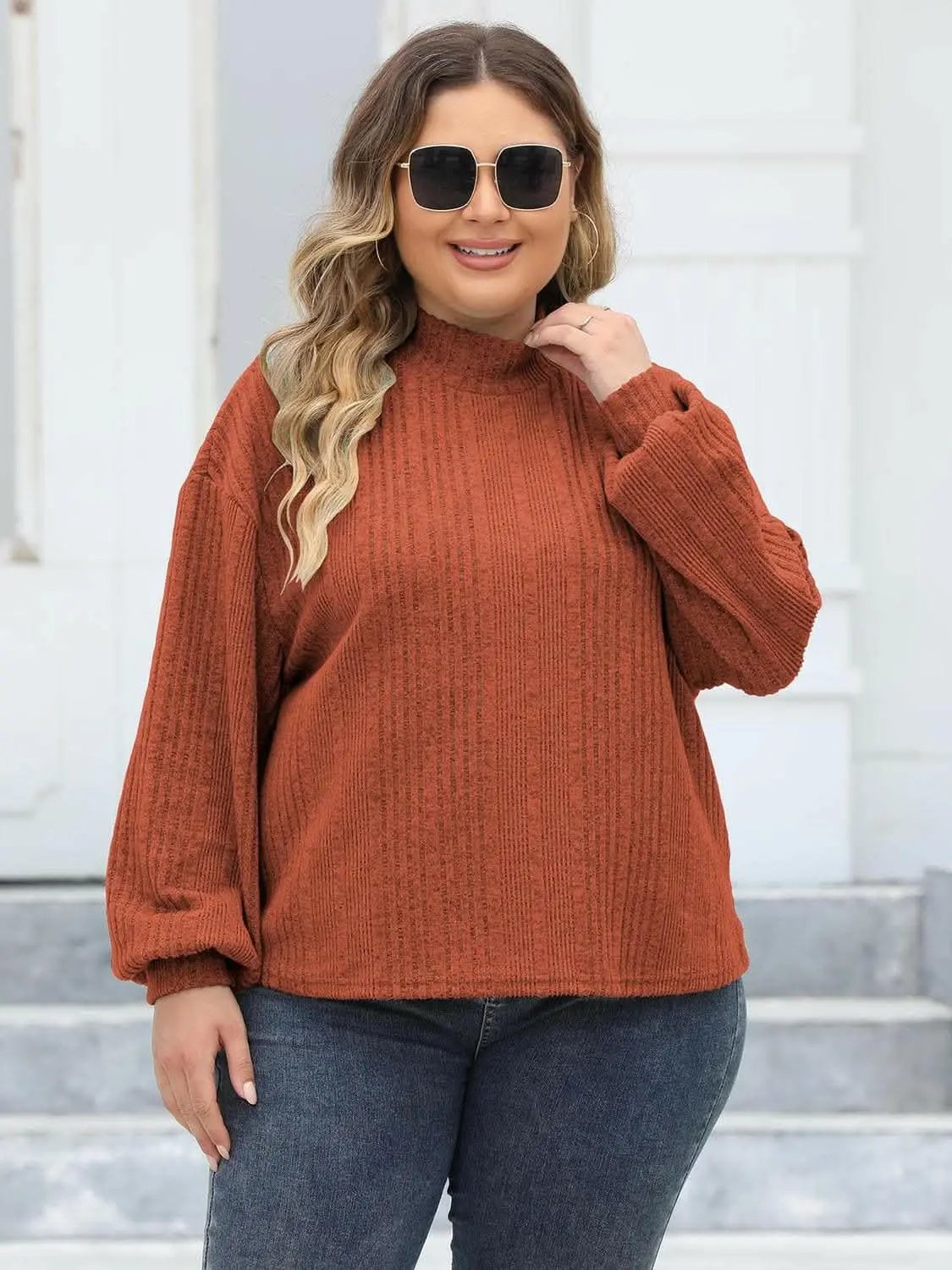 Sweaters Trendsi Plus Size Ribbed Top Women's Cozy Mock Neck Casual Tee