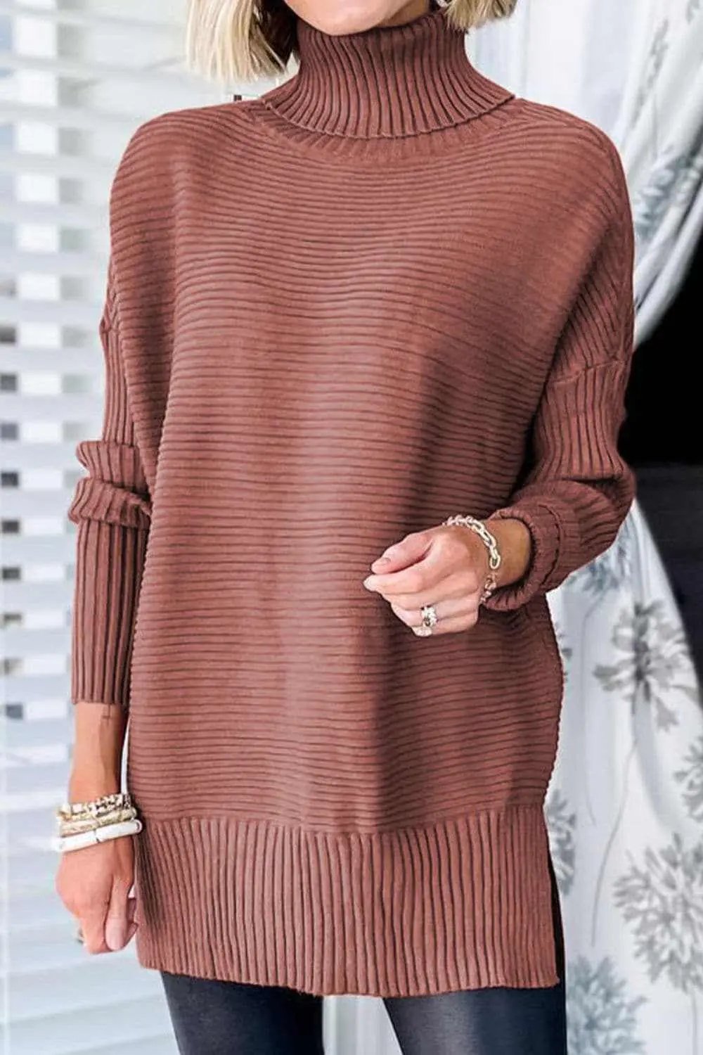 Trendsi Brick Red Ribbed Turtleneck Sweater
