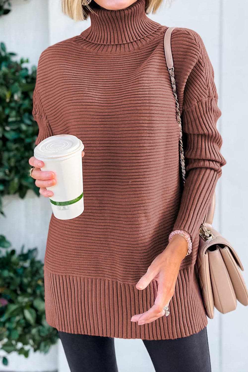 Trendsi Brick Red Ribbed Turtleneck Sweater