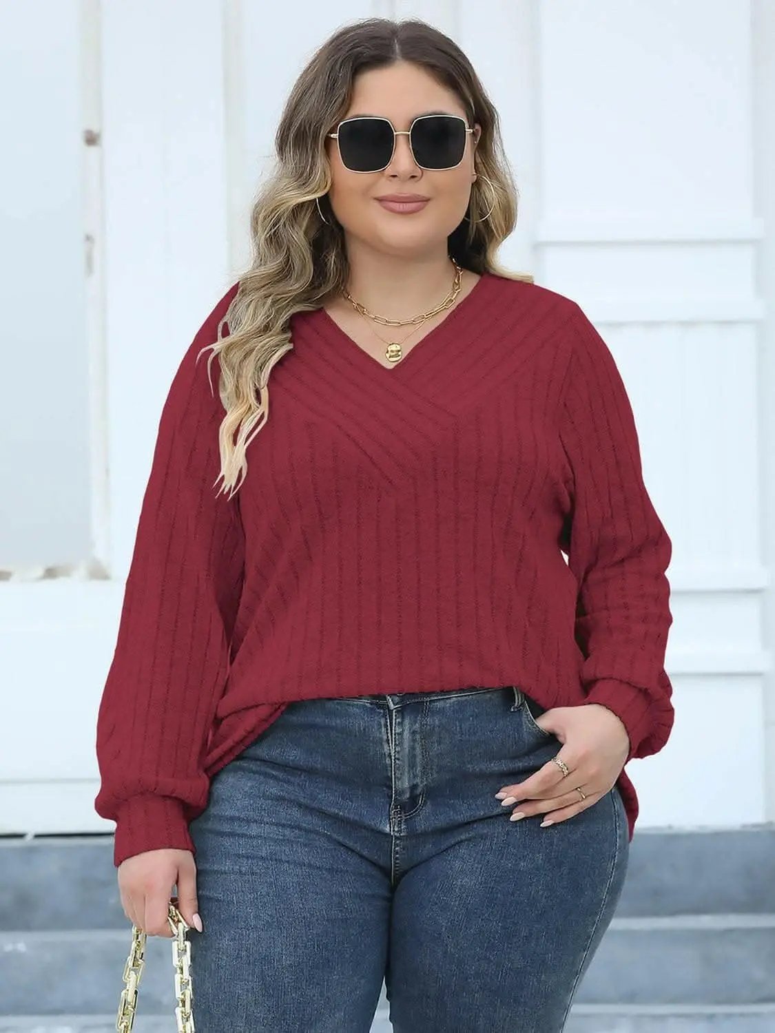 T-Shirts Trendsi plus - Cozy ribbed v-neck top for curves