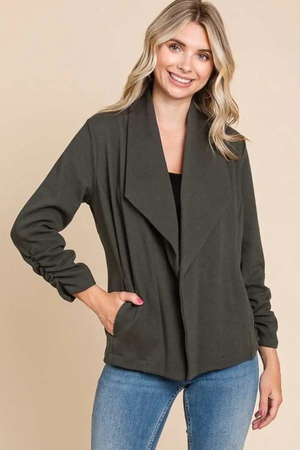 Jackets Trendsi Culture Code Full Size Ruched Open Front Long Slee