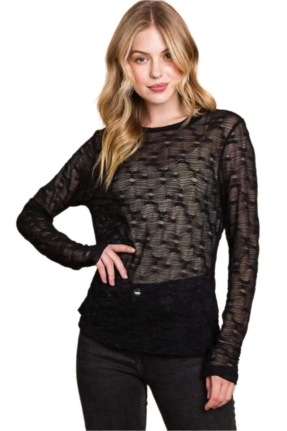 Trendsi Women's Plus Size Mesh Top Long Sleeve Sheer Layering