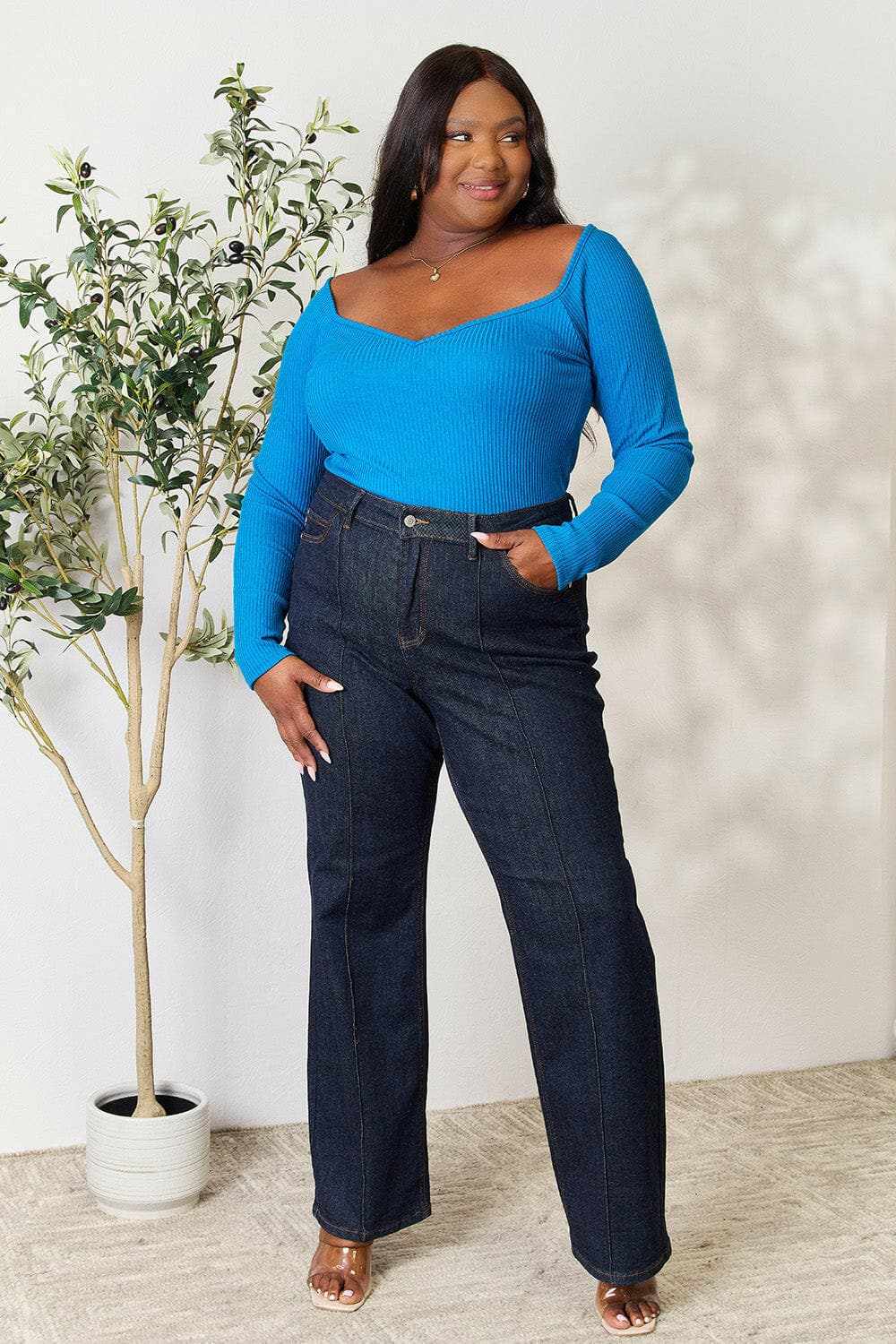 Ribbed Sweetheart Sweater Blue Teal Trendsi