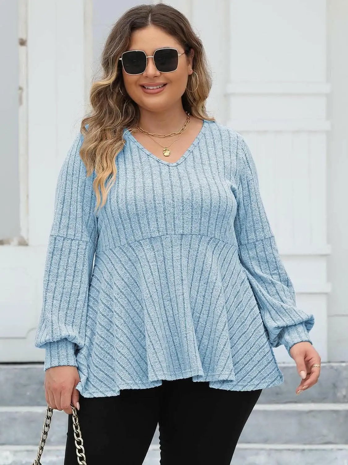 Pants Trendsi plus - Curvy ribbed v-neck top L-3XL