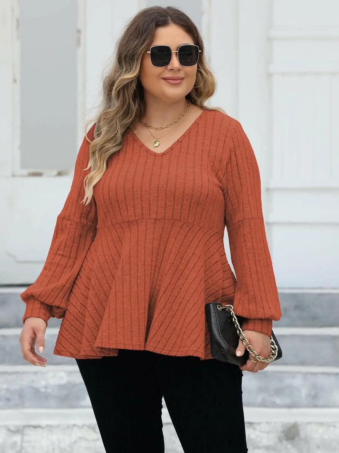 Pants Trendsi plus - Curvy ribbed v-neck top L-3XL