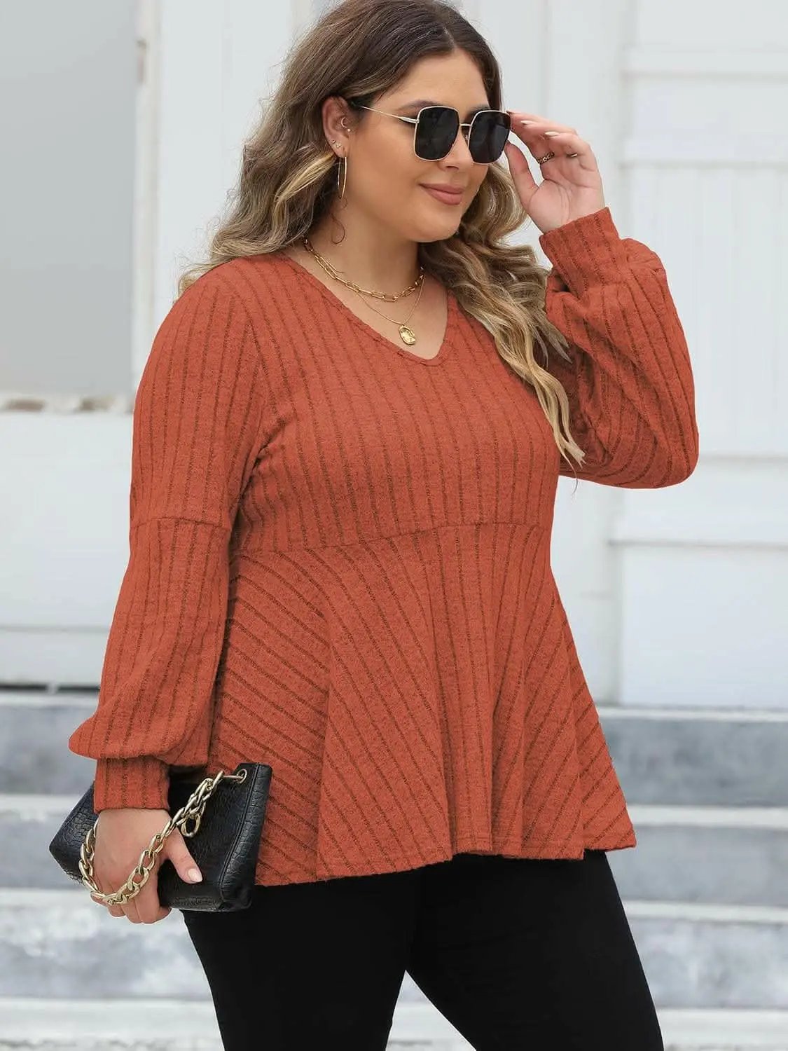Pants Trendsi plus - Curvy ribbed v-neck top L-3XL