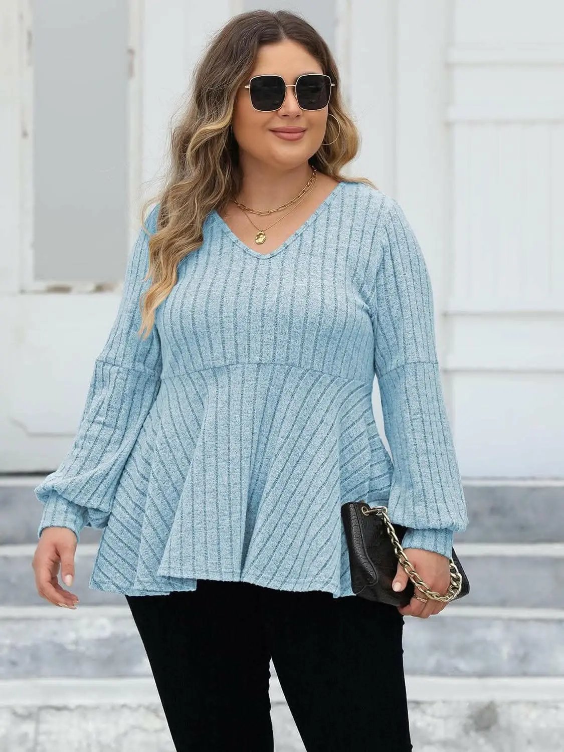 Pants Trendsi plus - Curvy ribbed v-neck top L-3XL