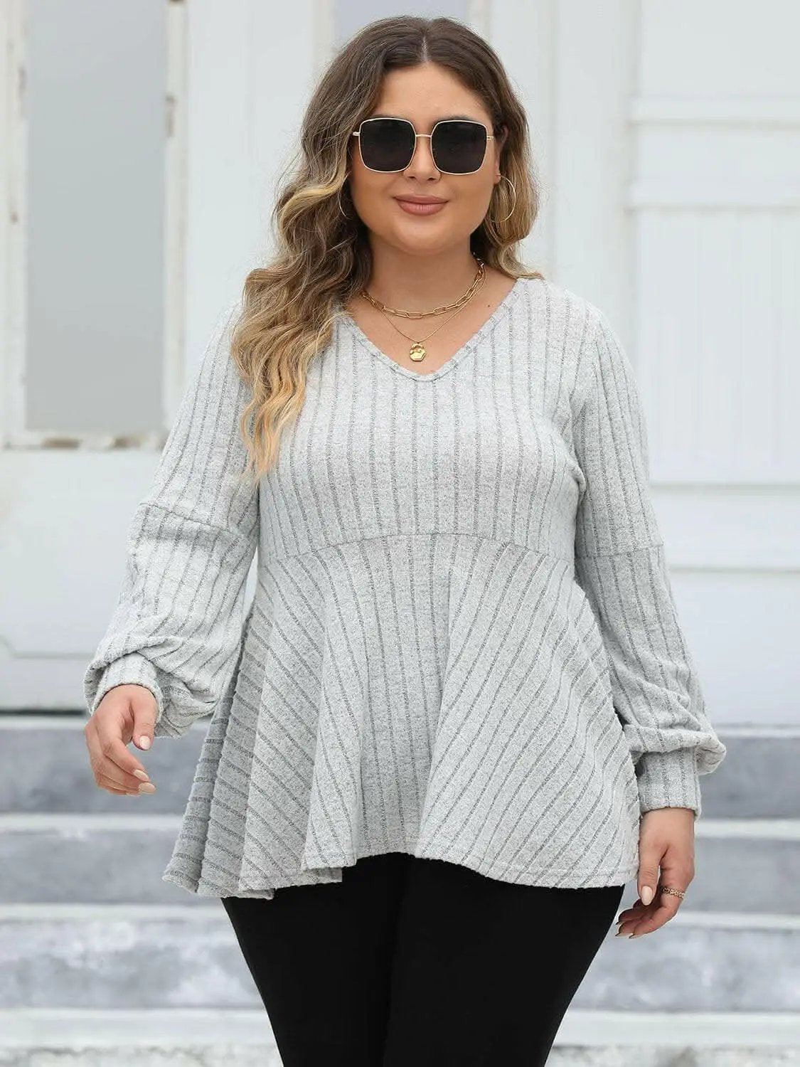Pants Trendsi plus - Curvy ribbed v-neck top L-3XL