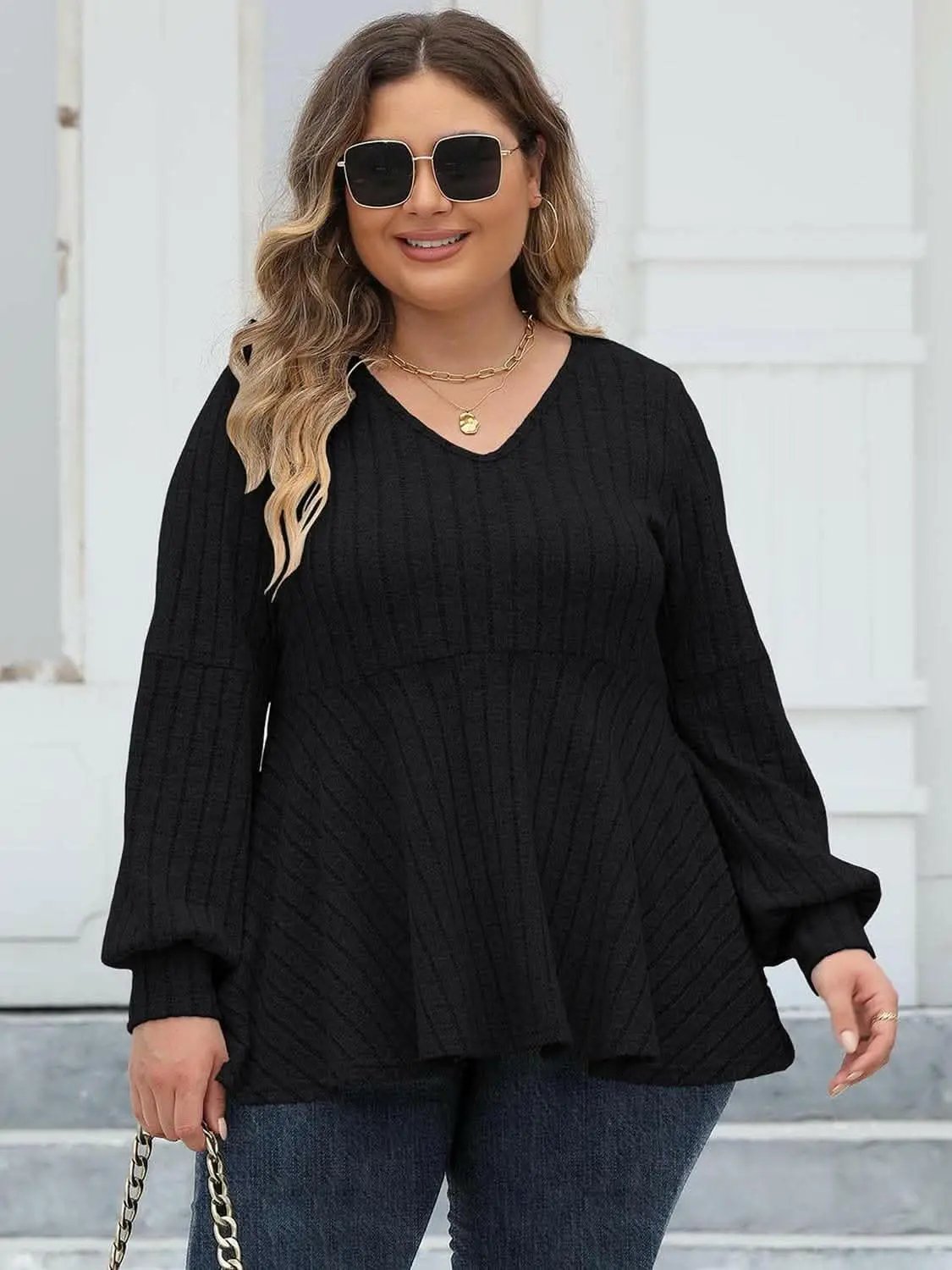 Pants Trendsi plus - Curvy ribbed v-neck top L-3XL