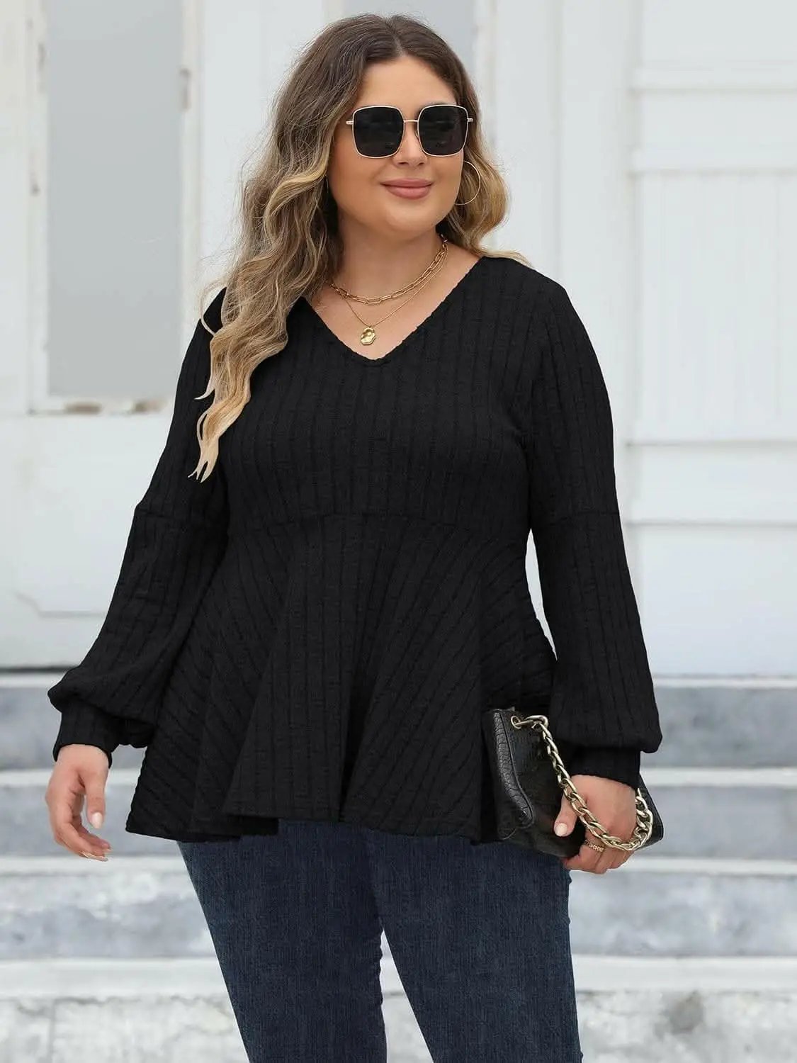 Pants Trendsi plus - Curvy ribbed v-neck top L-3XL