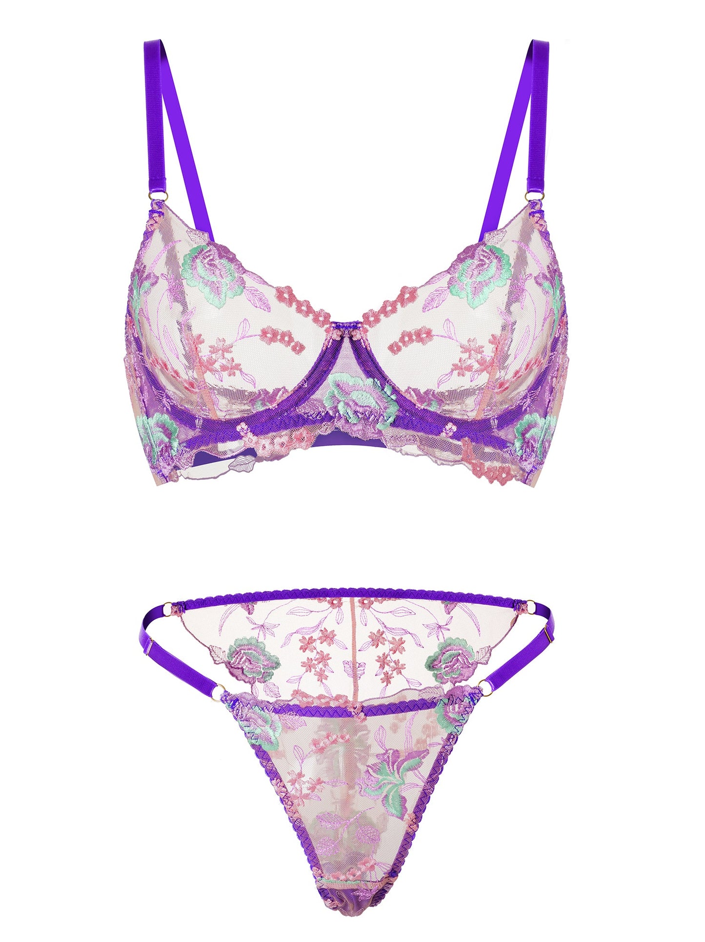 Purple Petal Embroidered Lingerie Set