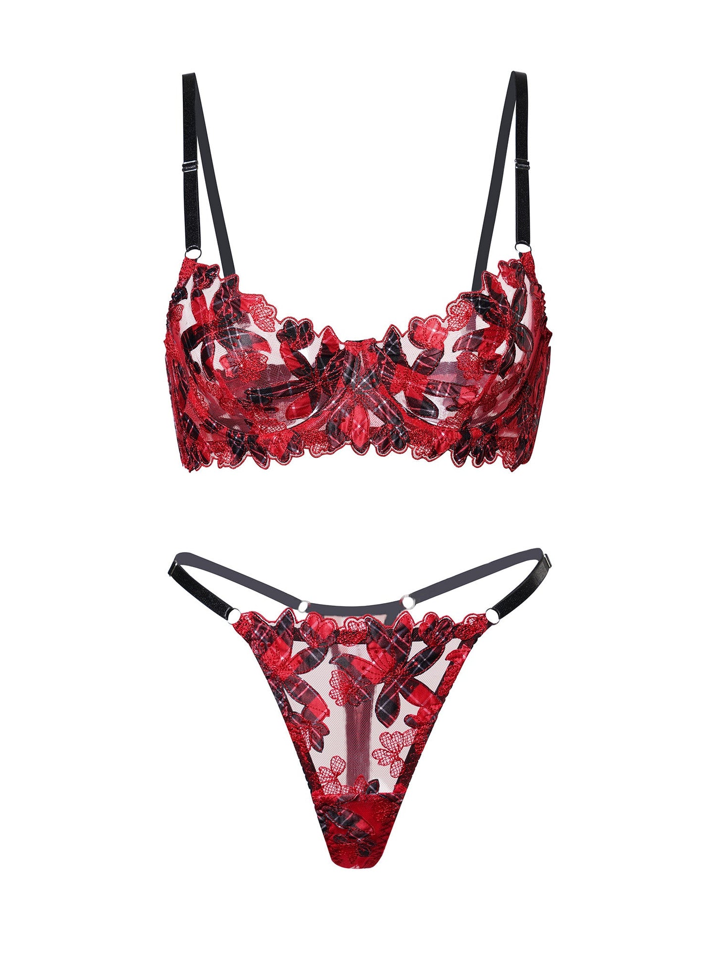 Red Tartan Flower Lingerie Set