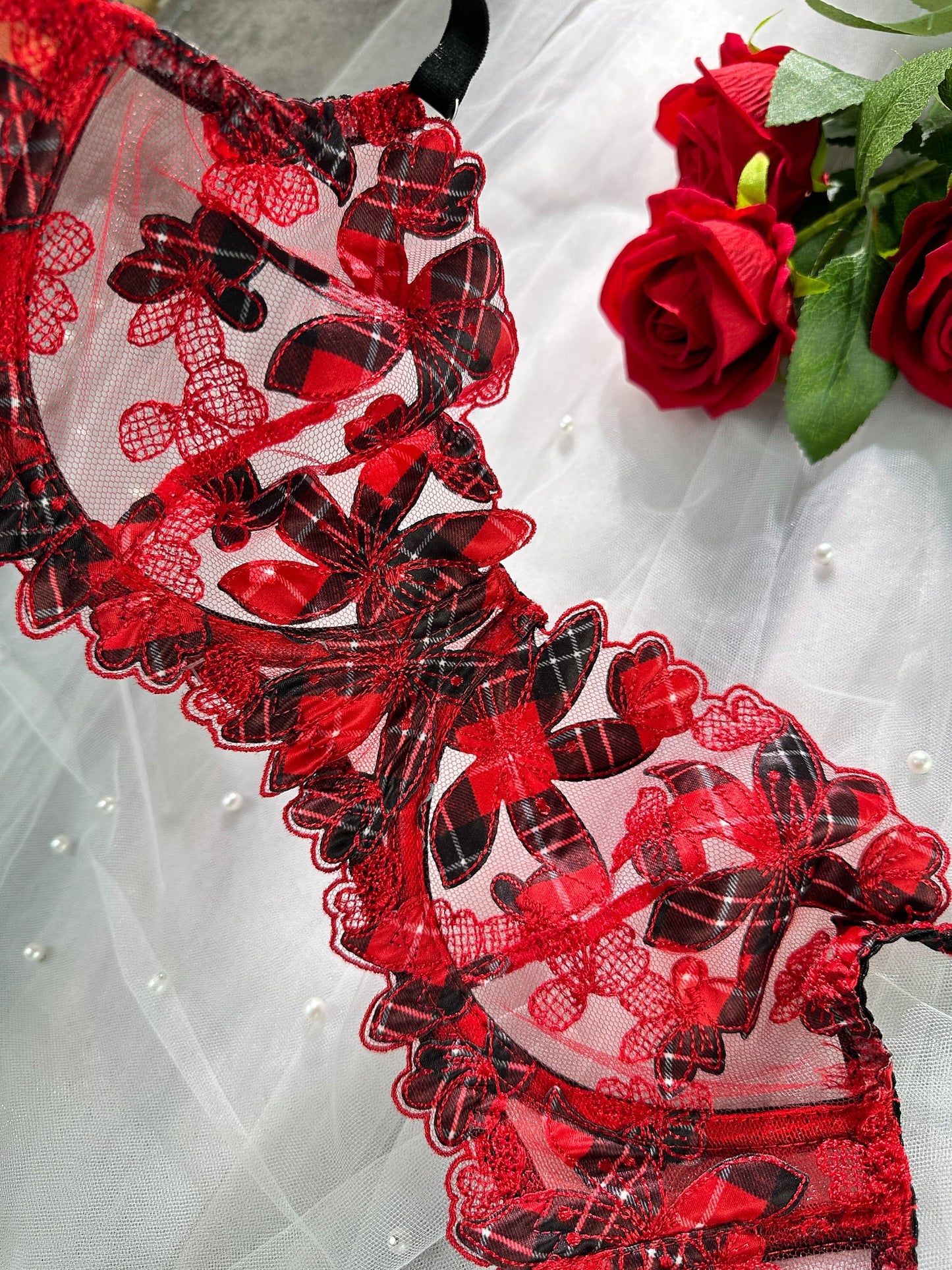 Red Tartan Flower Lingerie Set