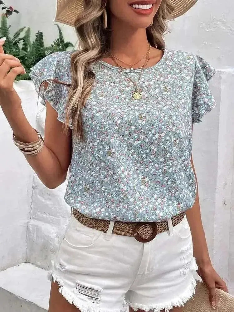 Cap Sleeve Floral Top by Trendsi Light Blue
