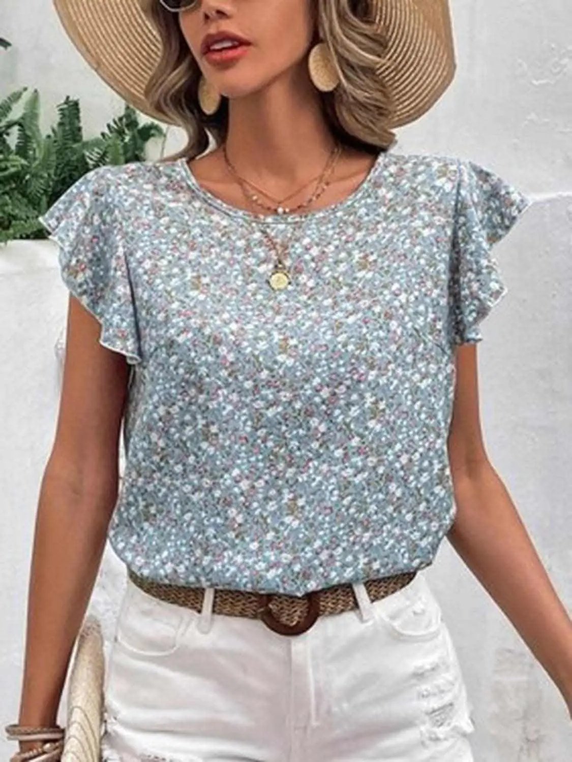 Cap Sleeve Floral Top by Trendsi Light Blue