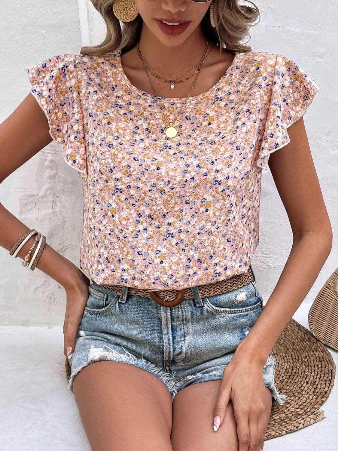 Cap Sleeve Floral Top by Trendsi Light Blue