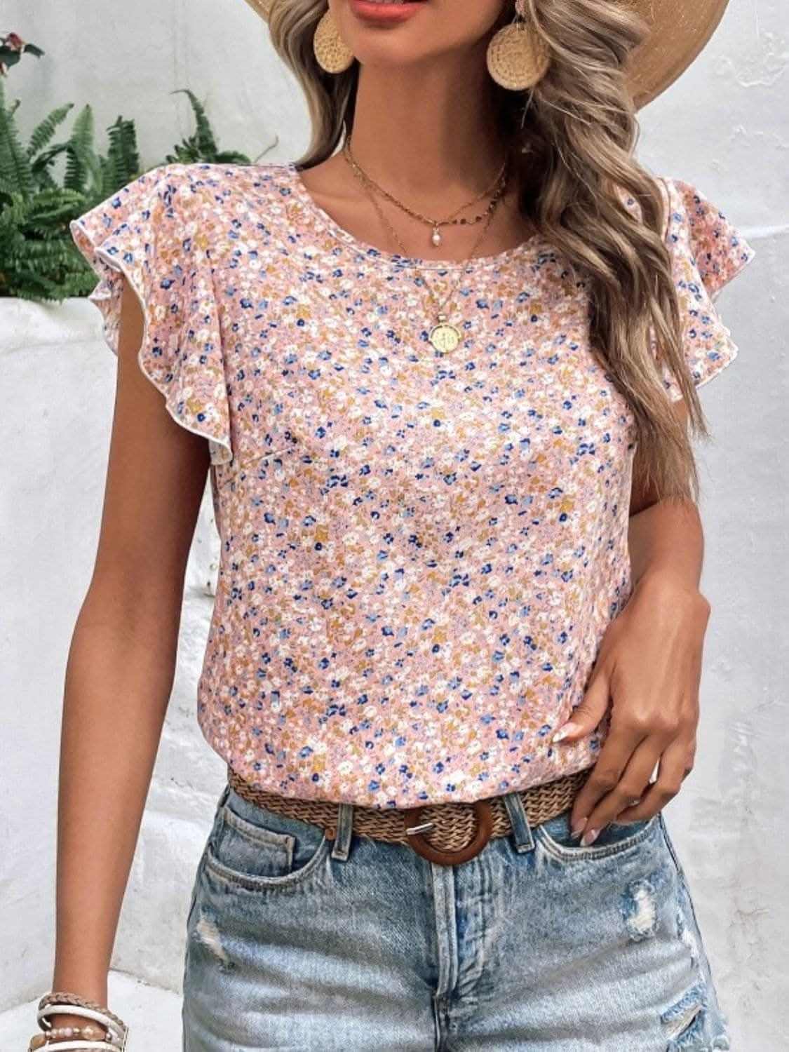 Cap Sleeve Floral Top by Trendsi Light Blue