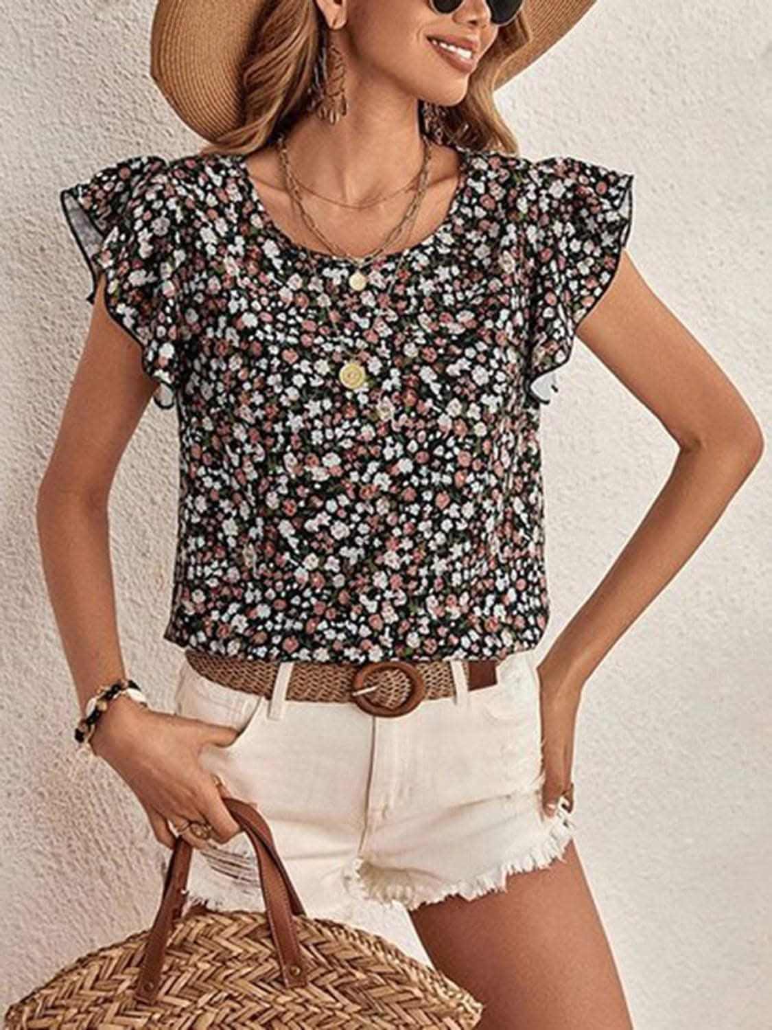 Cap Sleeve Floral Top by Trendsi Light Blue