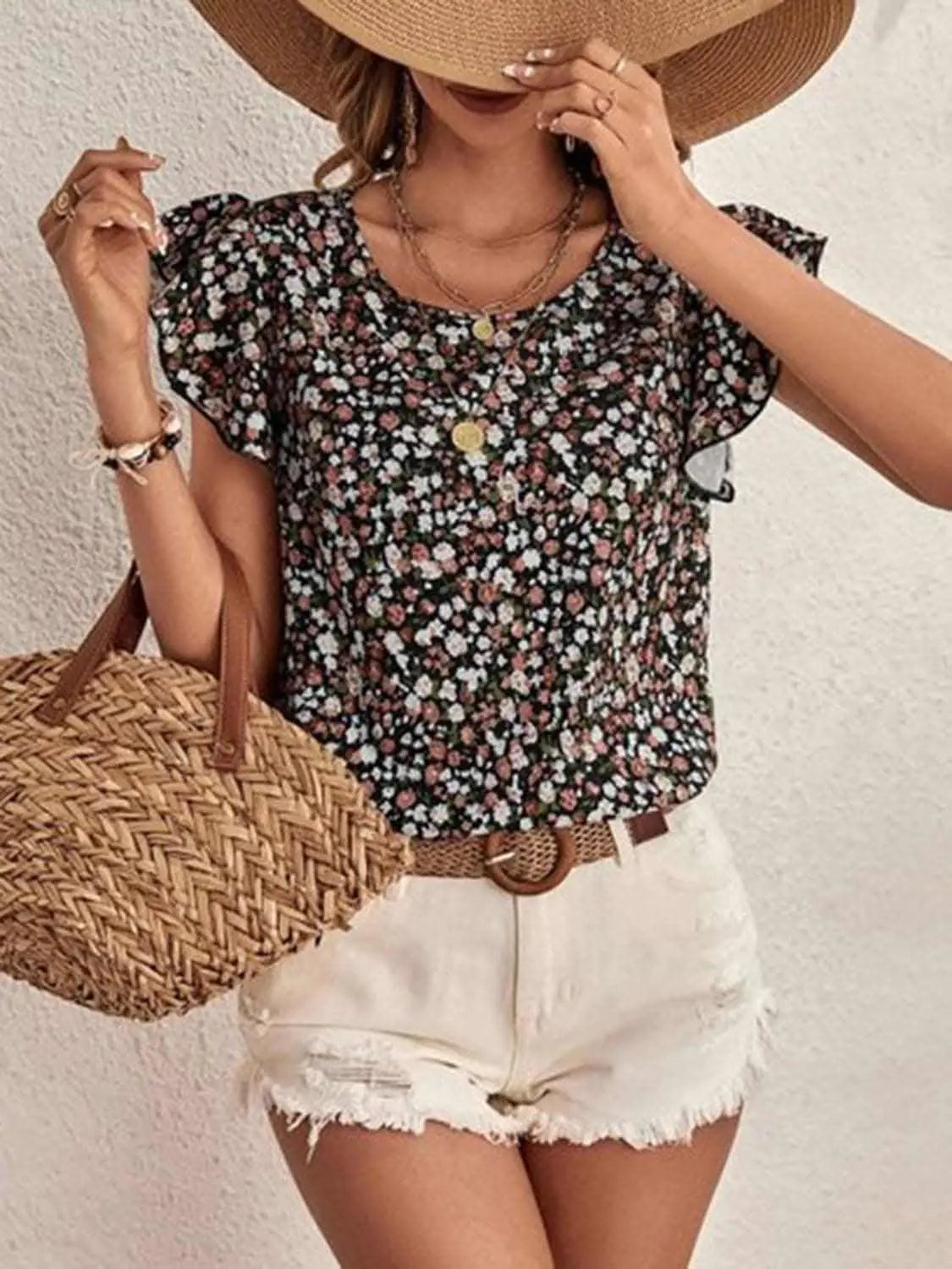 Cap Sleeve Floral Top by Trendsi Light Blue
