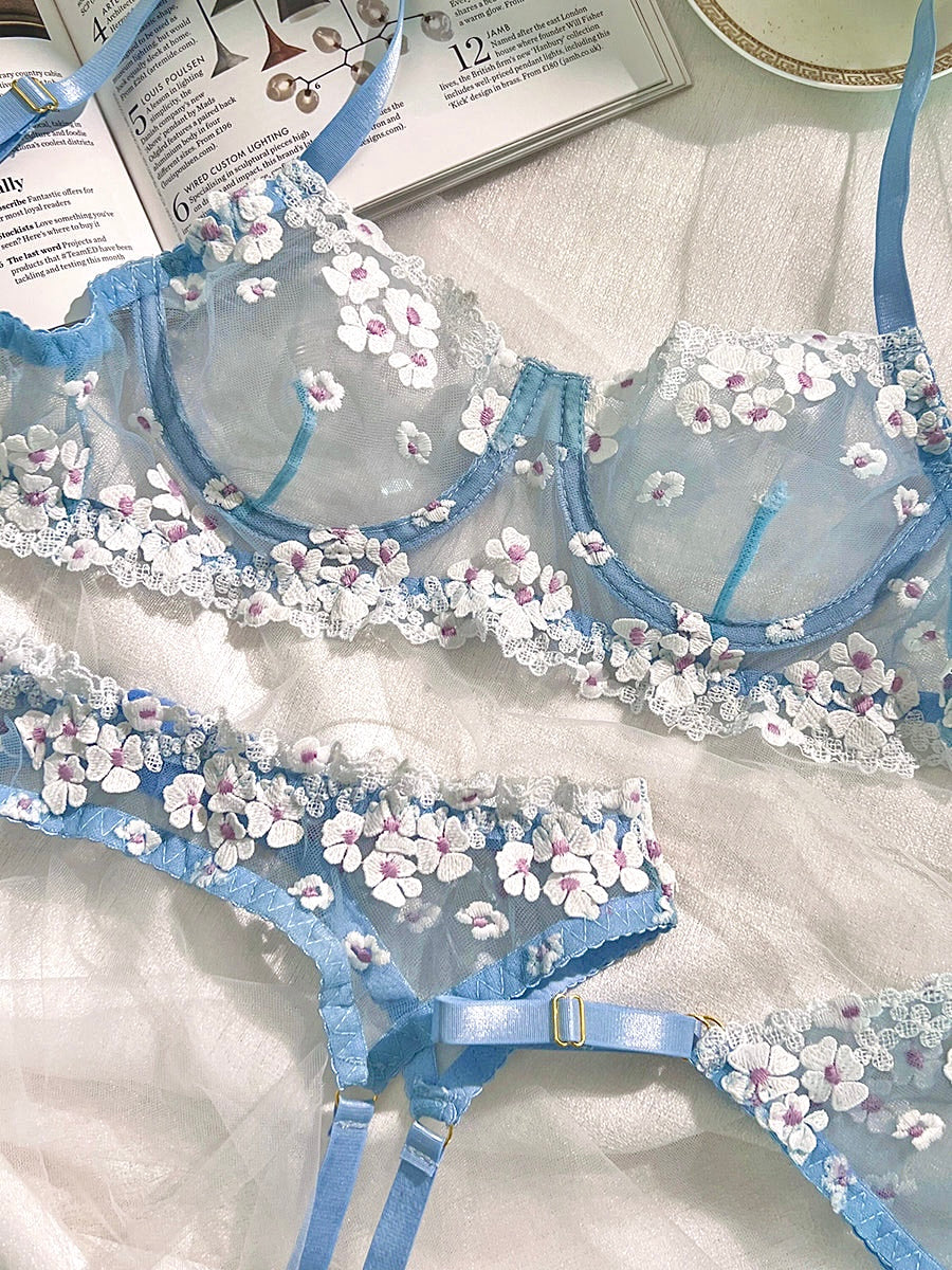 Blue Cherry Blossoms Sheer Lace Lingerie Set
