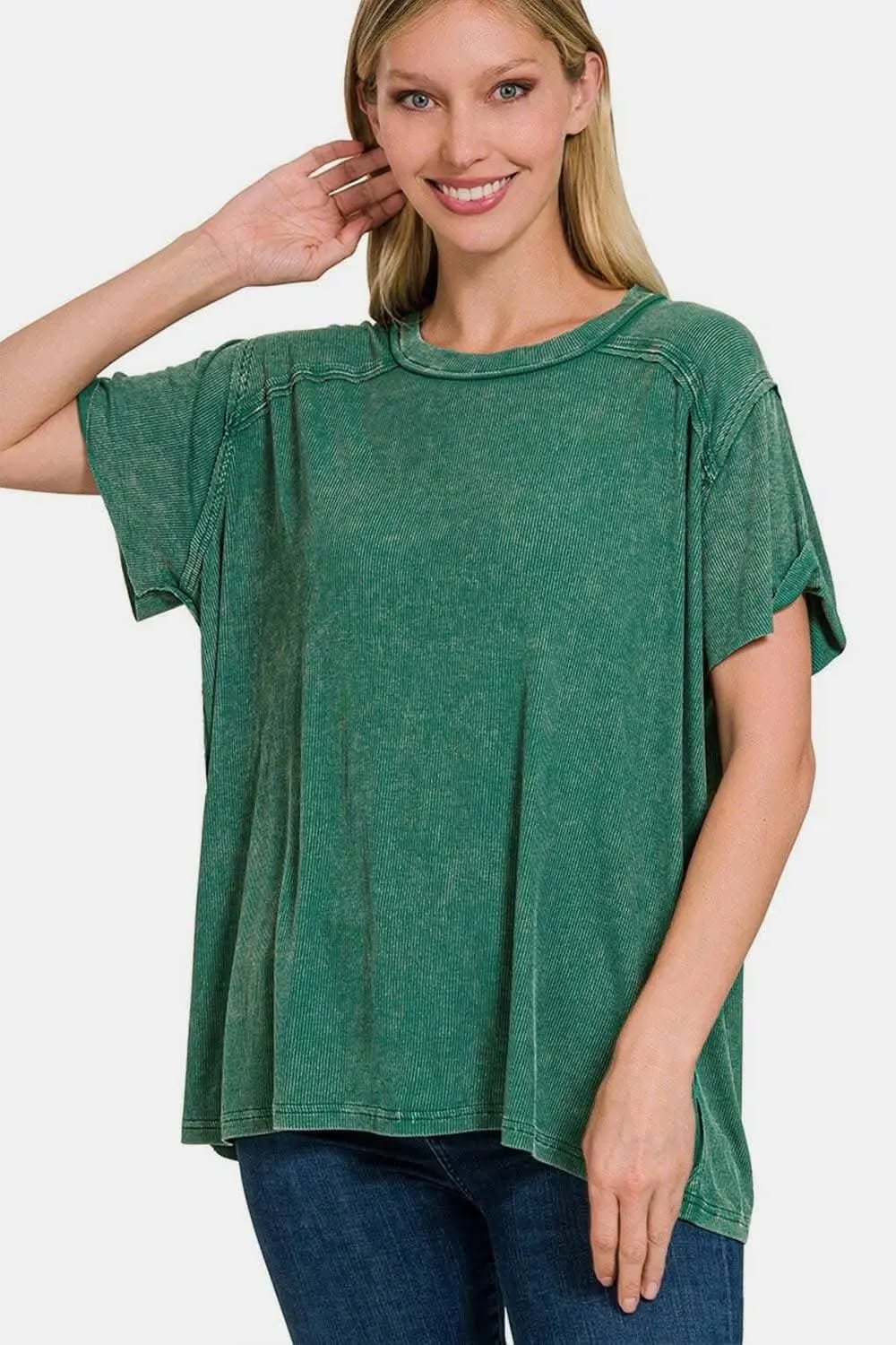 Ribbed Long Sleeve Top by Trendsi | Dark Green
