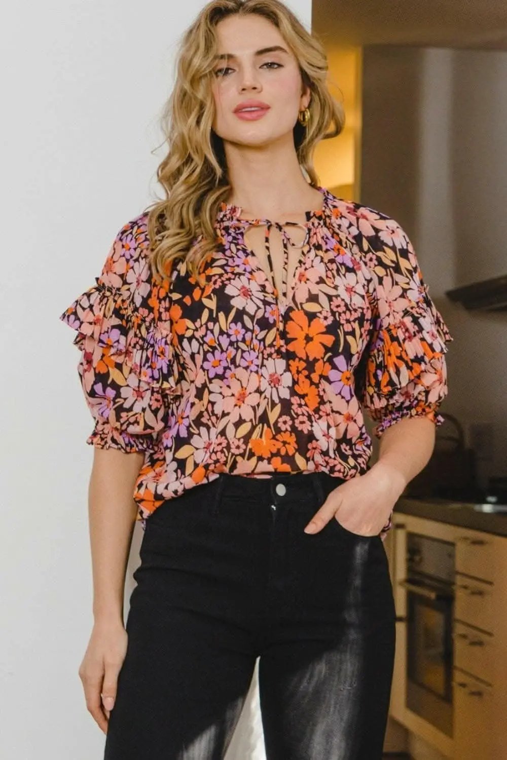 Accessories Trendsi Floral Ruffle Blouse Women's Elegant Tie Neck Top - Lightweight