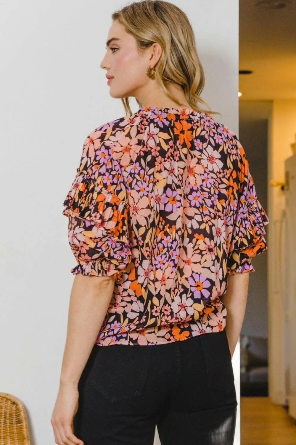 Accessories Trendsi Floral Ruffle Blouse Women's Elegant Tie Neck Top - Lightweight
