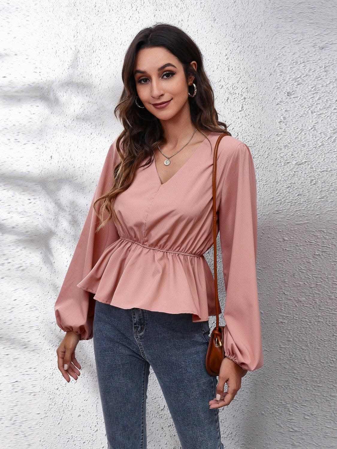 Women's Peplum Blouse V-neck Peplum Top - Elegant with Sleeves