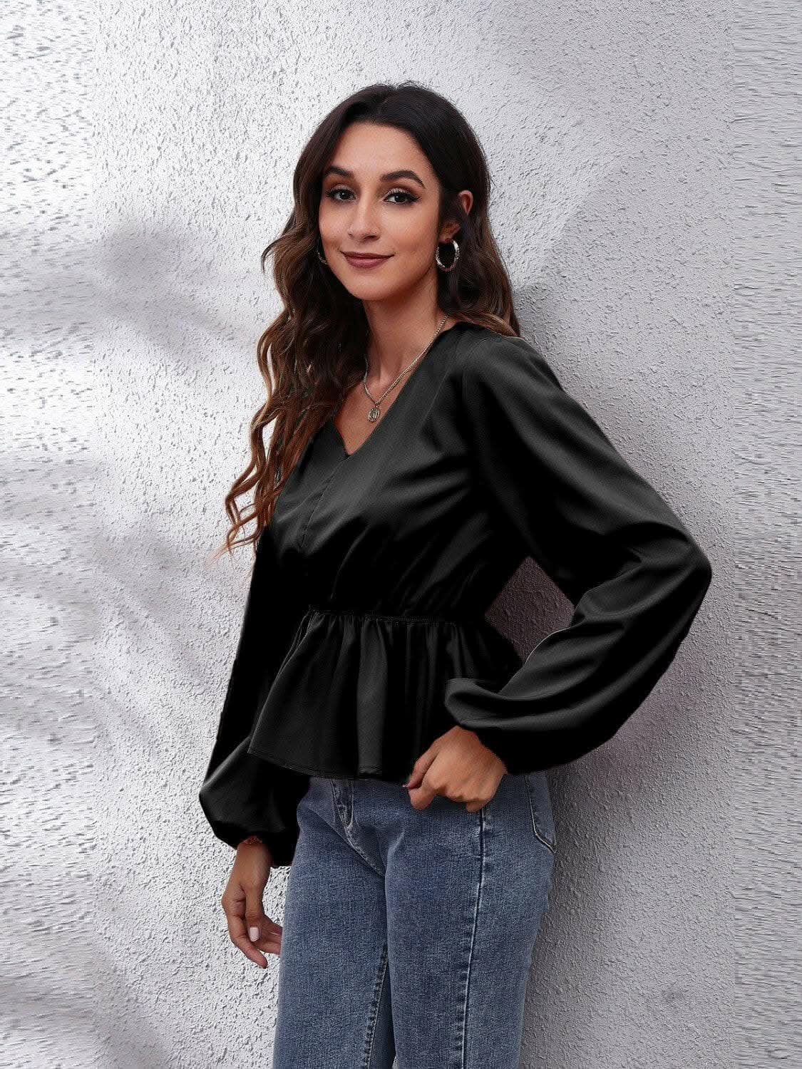 Women's Peplum Blouse V-neck Peplum Top - Elegant with Sleeves