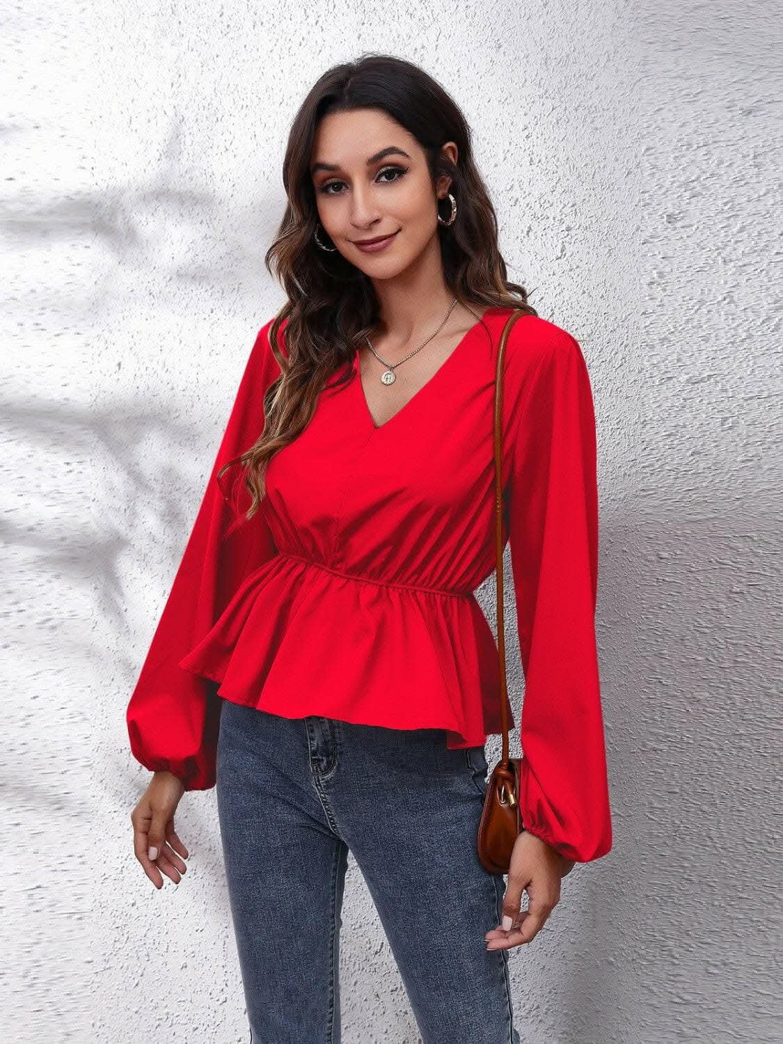 Women's Peplum Blouse V-neck Peplum Top - Elegant with Sleeves