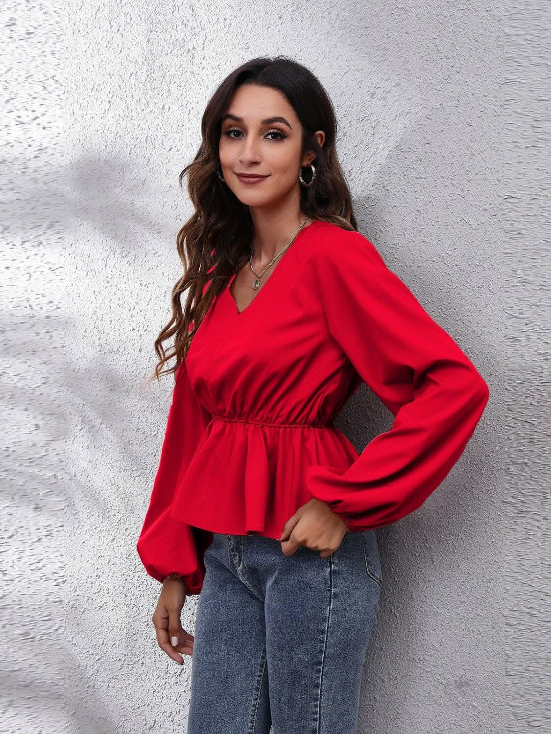 Women's Peplum Blouse V-neck Peplum Top - Elegant with Sleeves