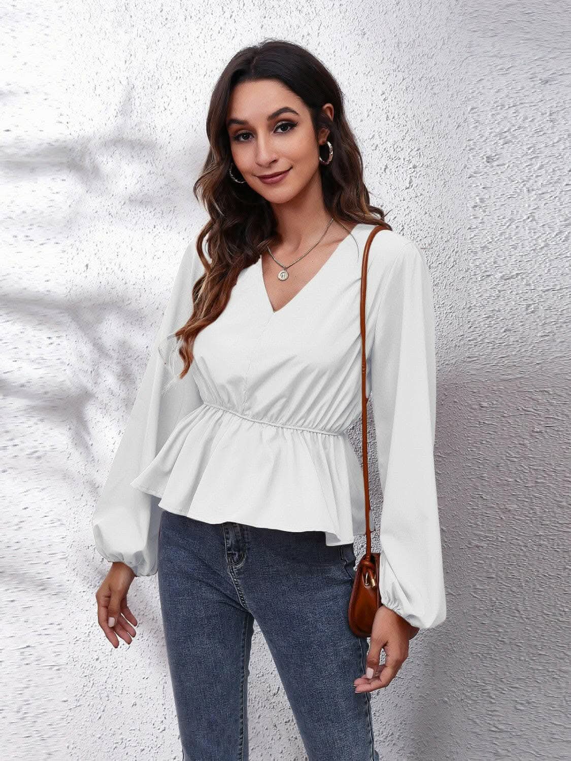 Women's Peplum Blouse V-neck Peplum Top - Elegant with Sleeves