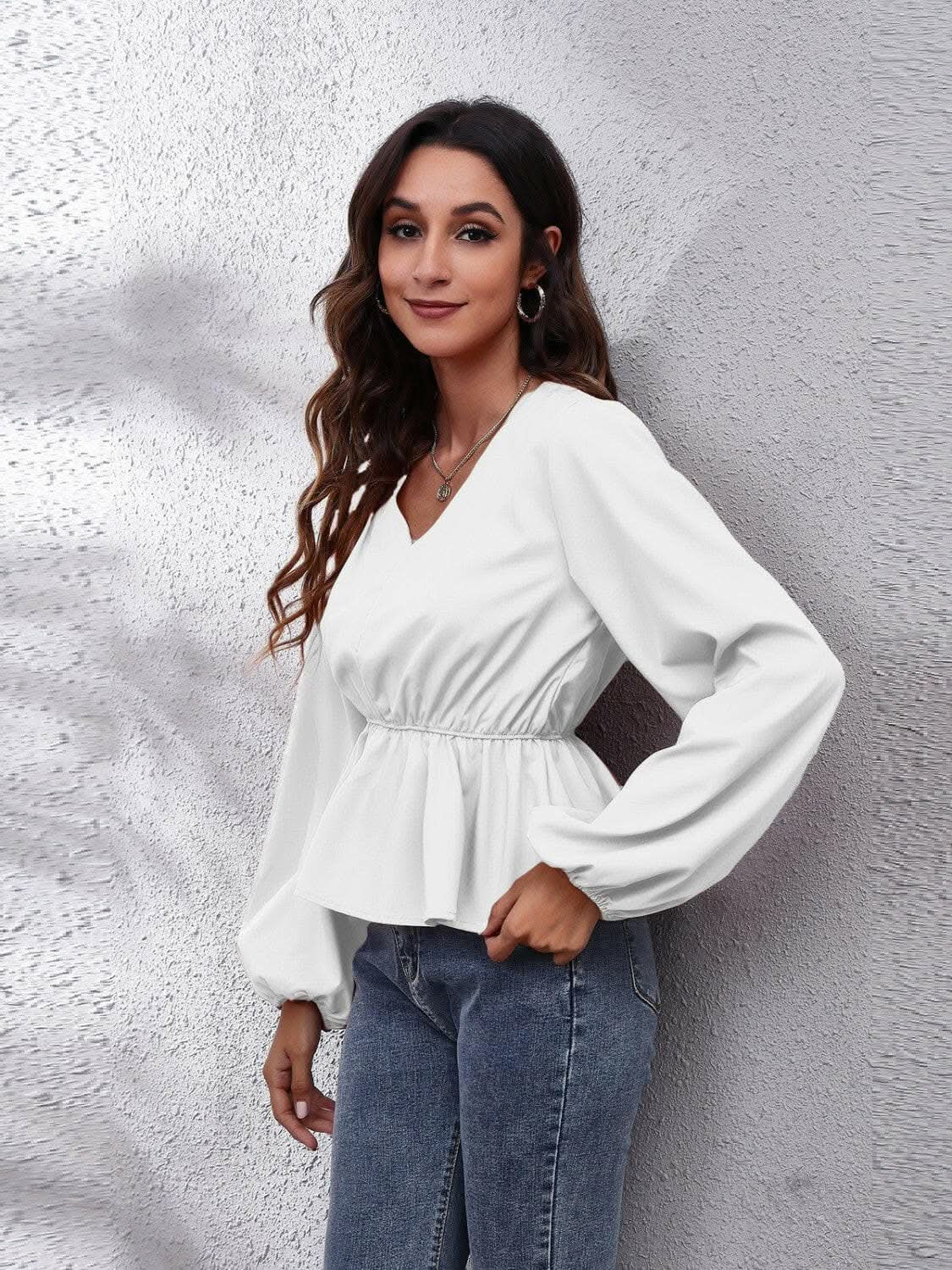 Women's Peplum Blouse V-neck Peplum Top - Elegant with Sleeves