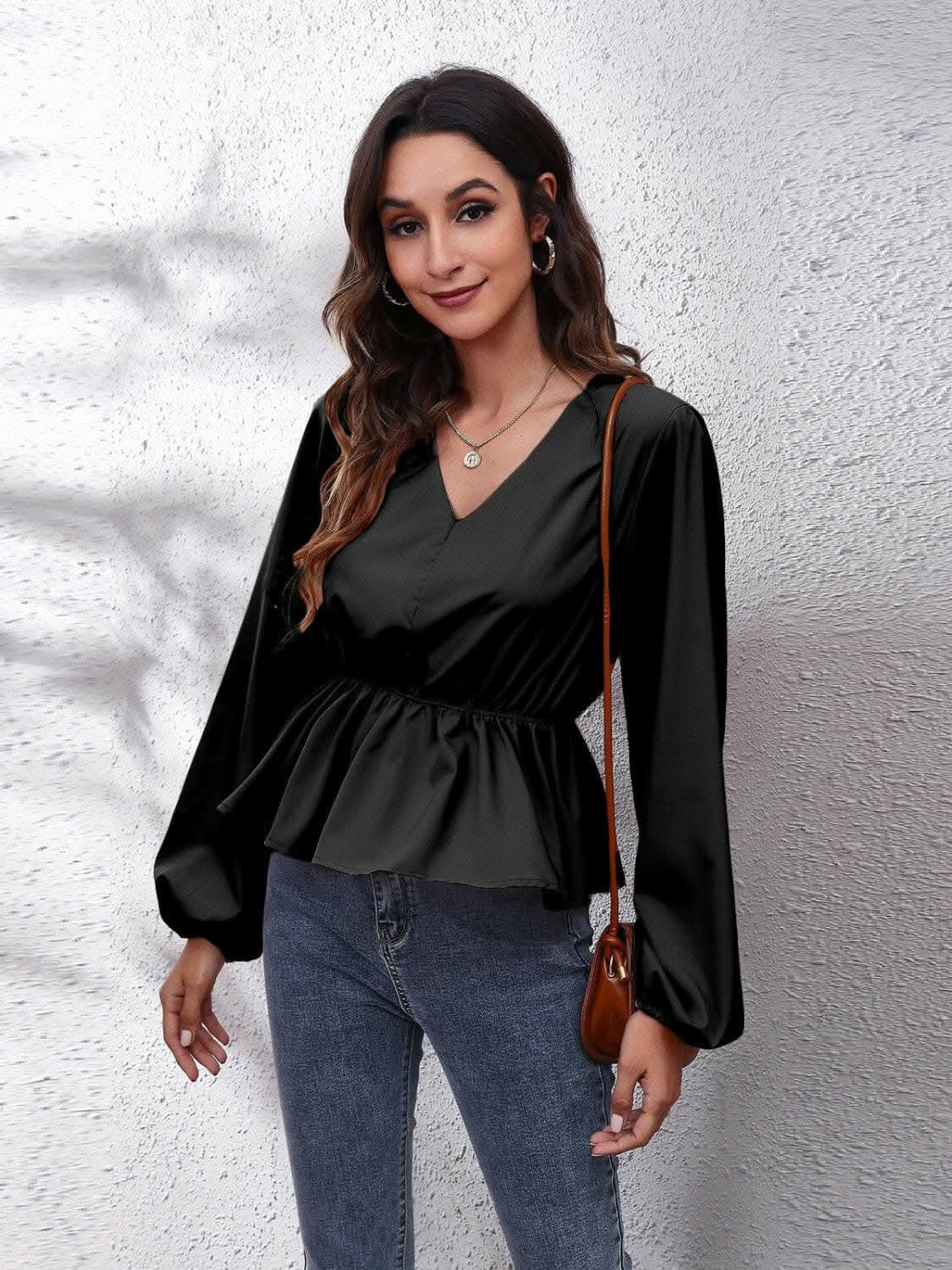 Women's Peplum Blouse V-neck Peplum Top - Elegant with Sleeves