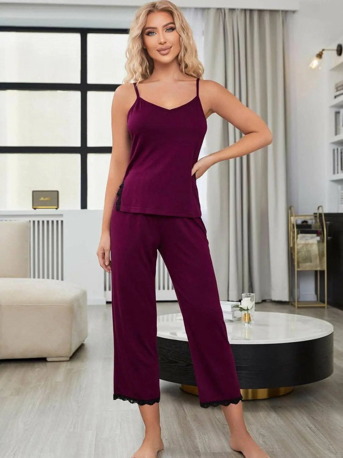 Trendsi Lace V-Neck Pajama Set - Elegant Women's Sleepwear