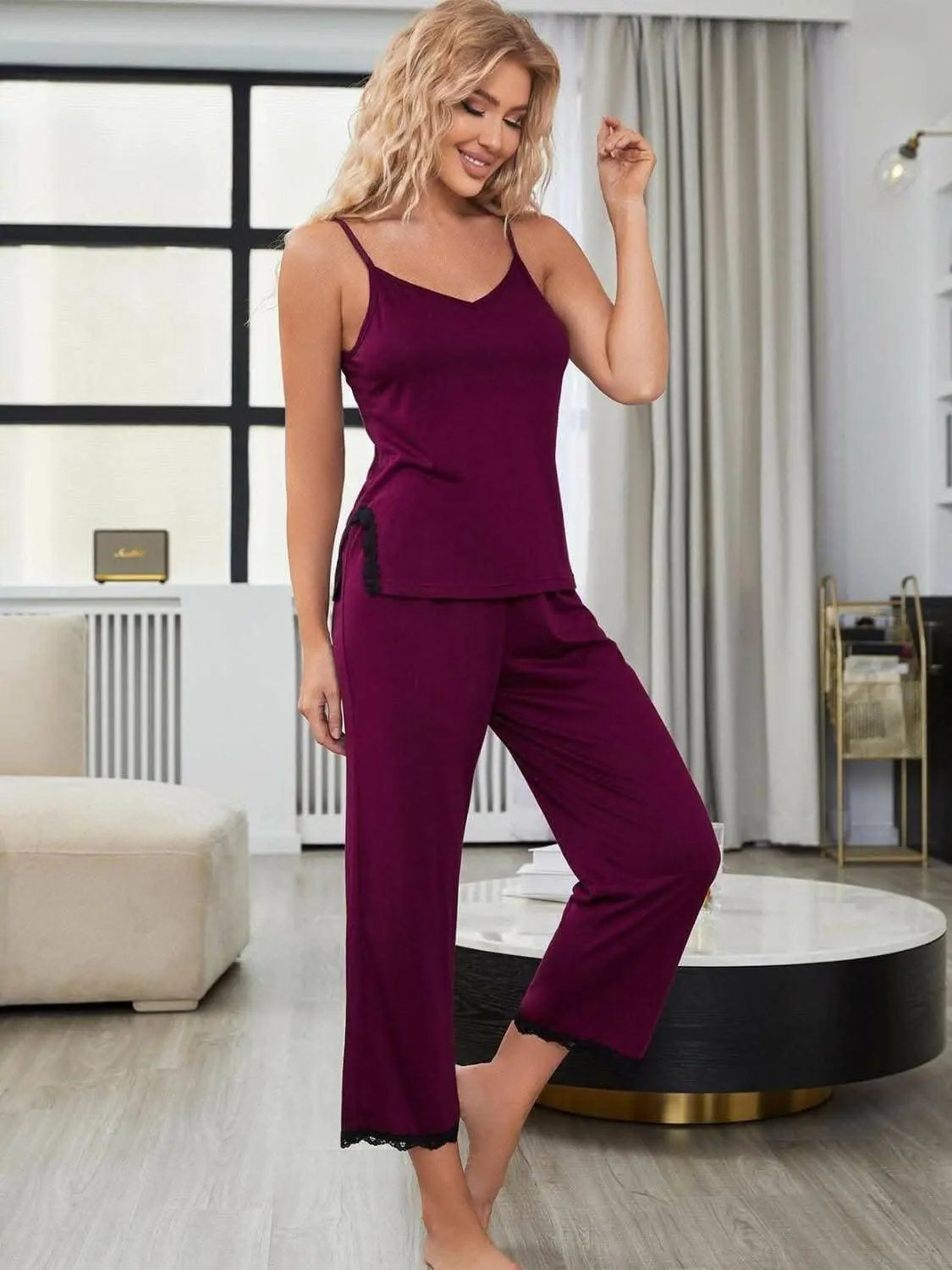 Trendsi Lace V-Neck Pajama Set - Elegant Women's Sleepwear