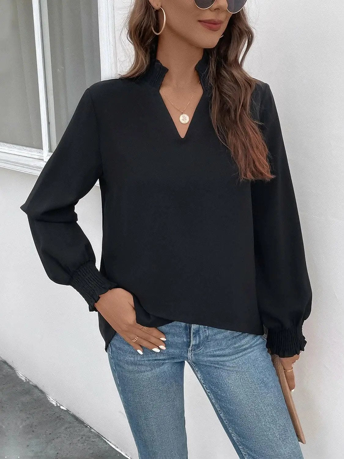 Trendsi Smocked Long Sleeve Blouse - Black