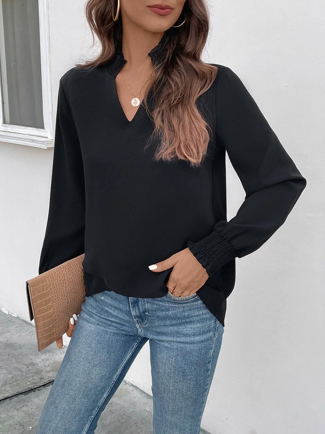 Trendsi Smocked Long Sleeve Blouse - Black