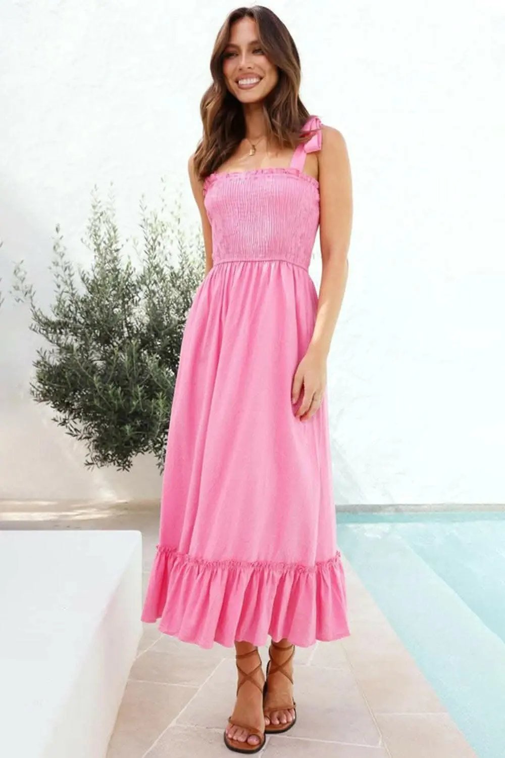 Smocked Ruffled Dress Fuchsia Pink by Trendsi
