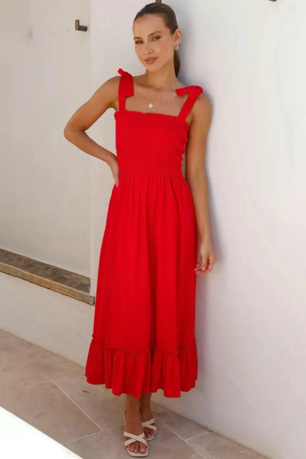 Smocked Ruffled Dress Fuchsia Pink by Trendsi
