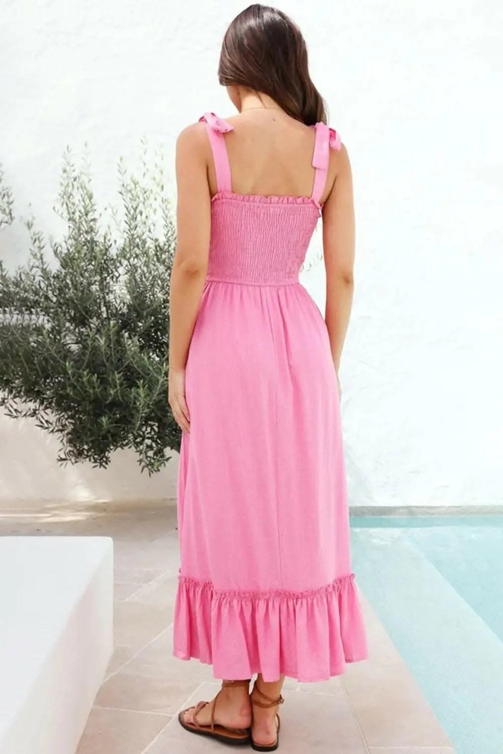 Smocked Ruffled Dress Fuchsia Pink by Trendsi