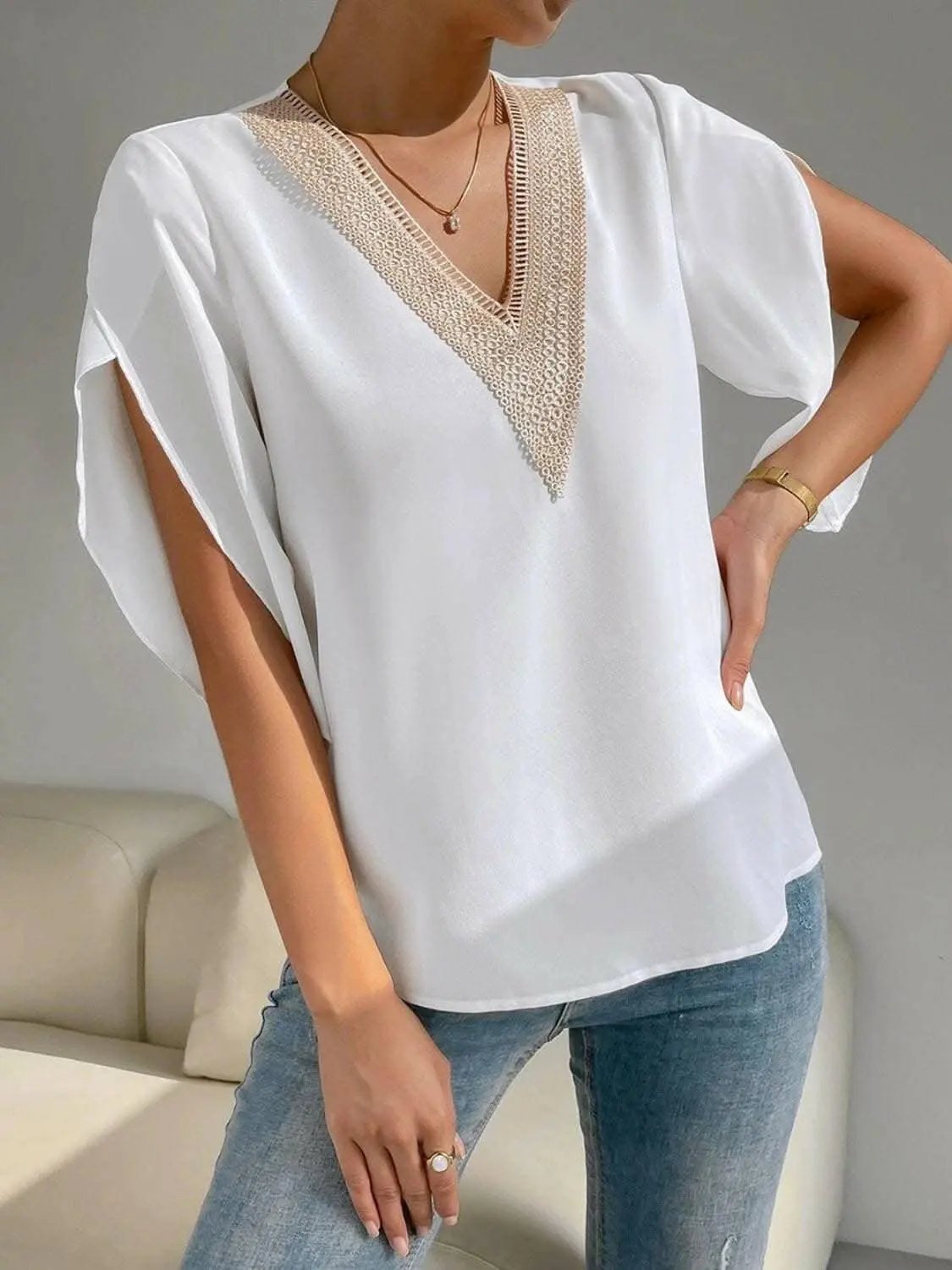 Trendsi V-Neck Blouse Short Sleeve Versatile Top