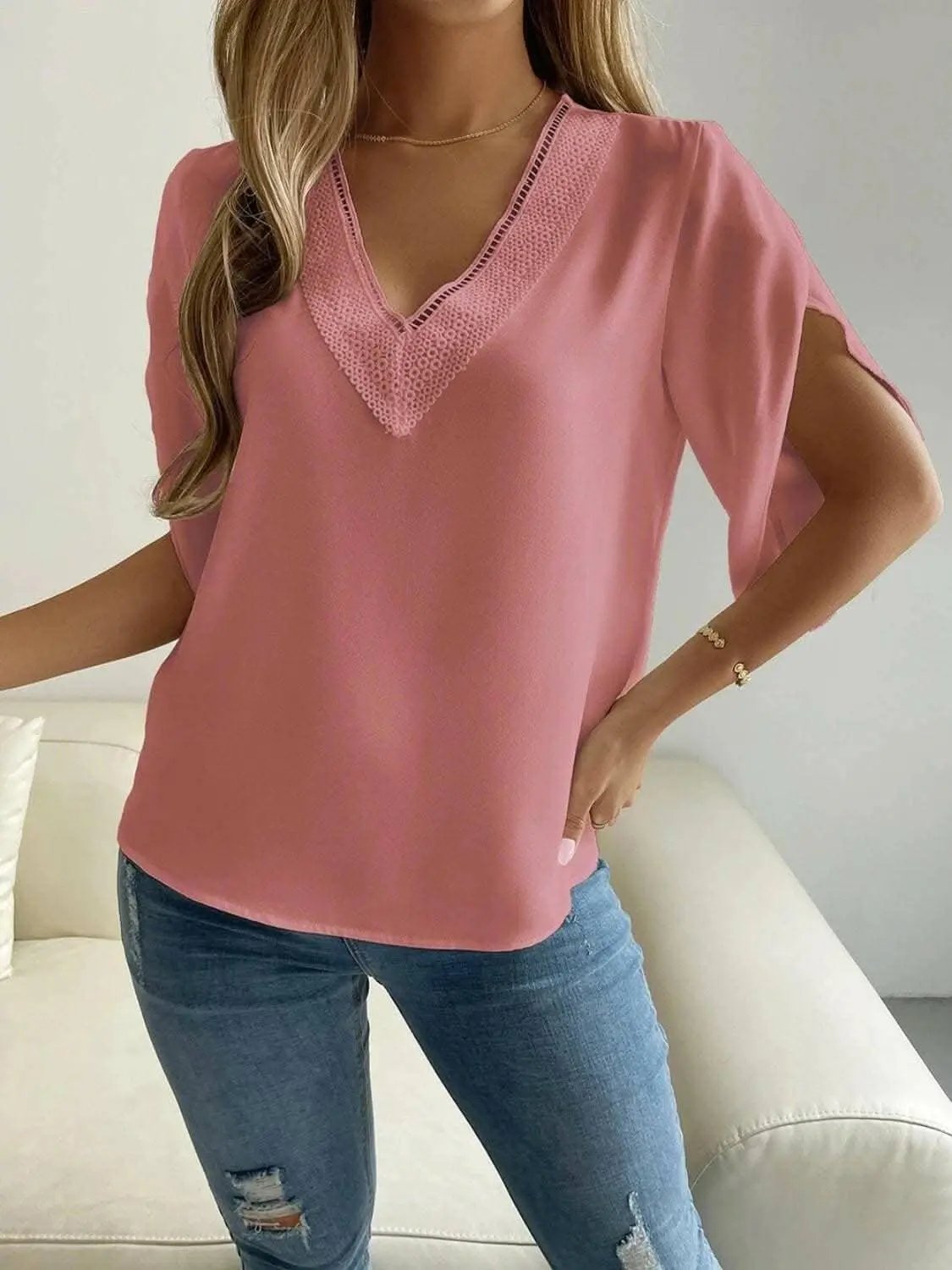 Trendsi V-Neck Blouse Short Sleeve Versatile Top