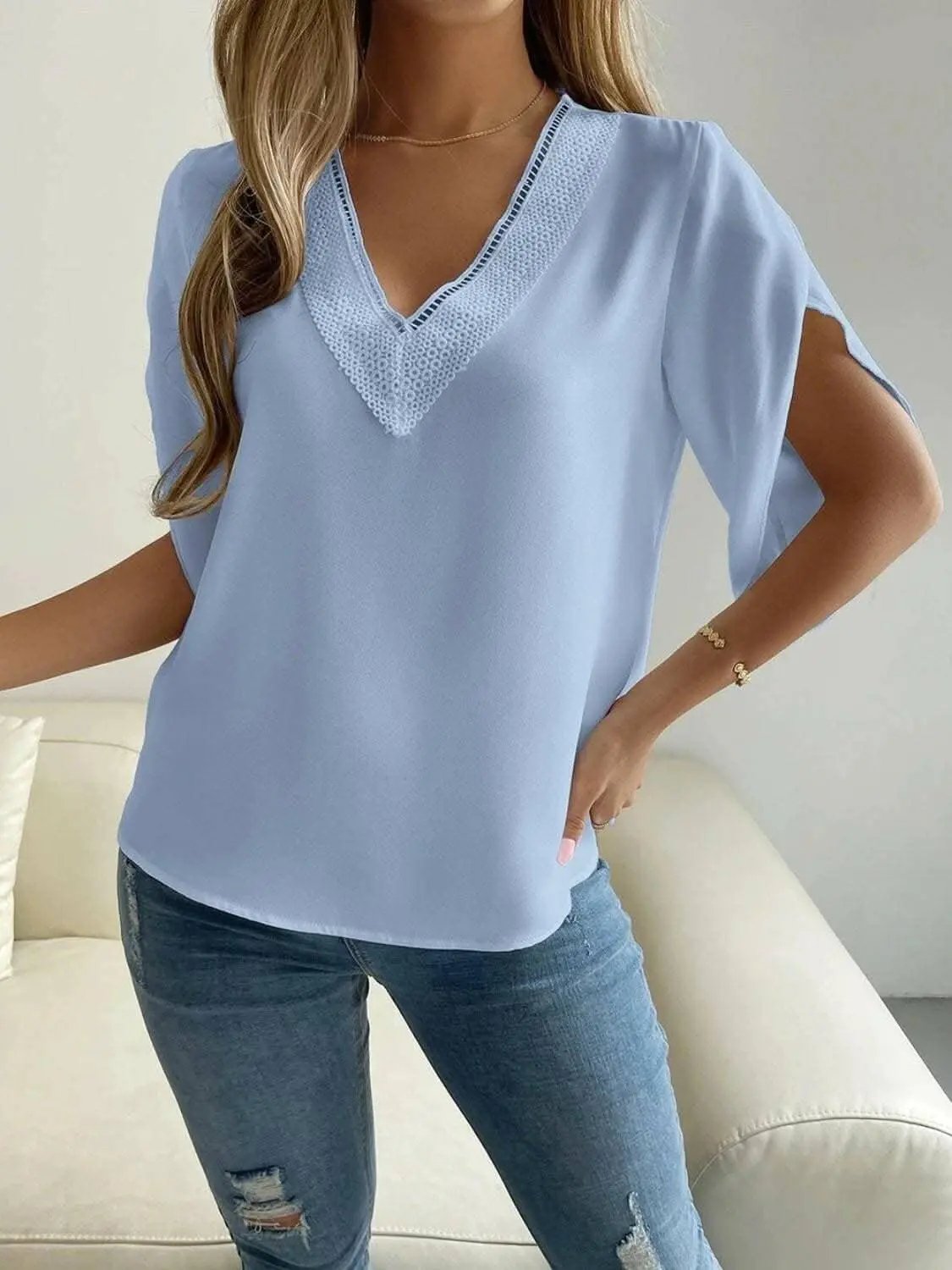 Trendsi V-Neck Blouse Short Sleeve Versatile Top