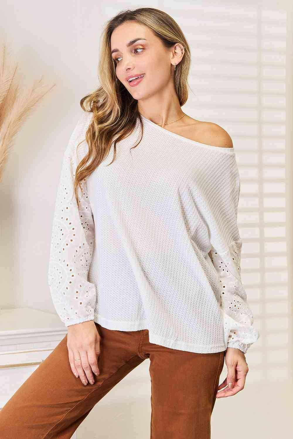Trendsi Eyelet Drop Shoulder Blouse Relaxed Fit Women's
