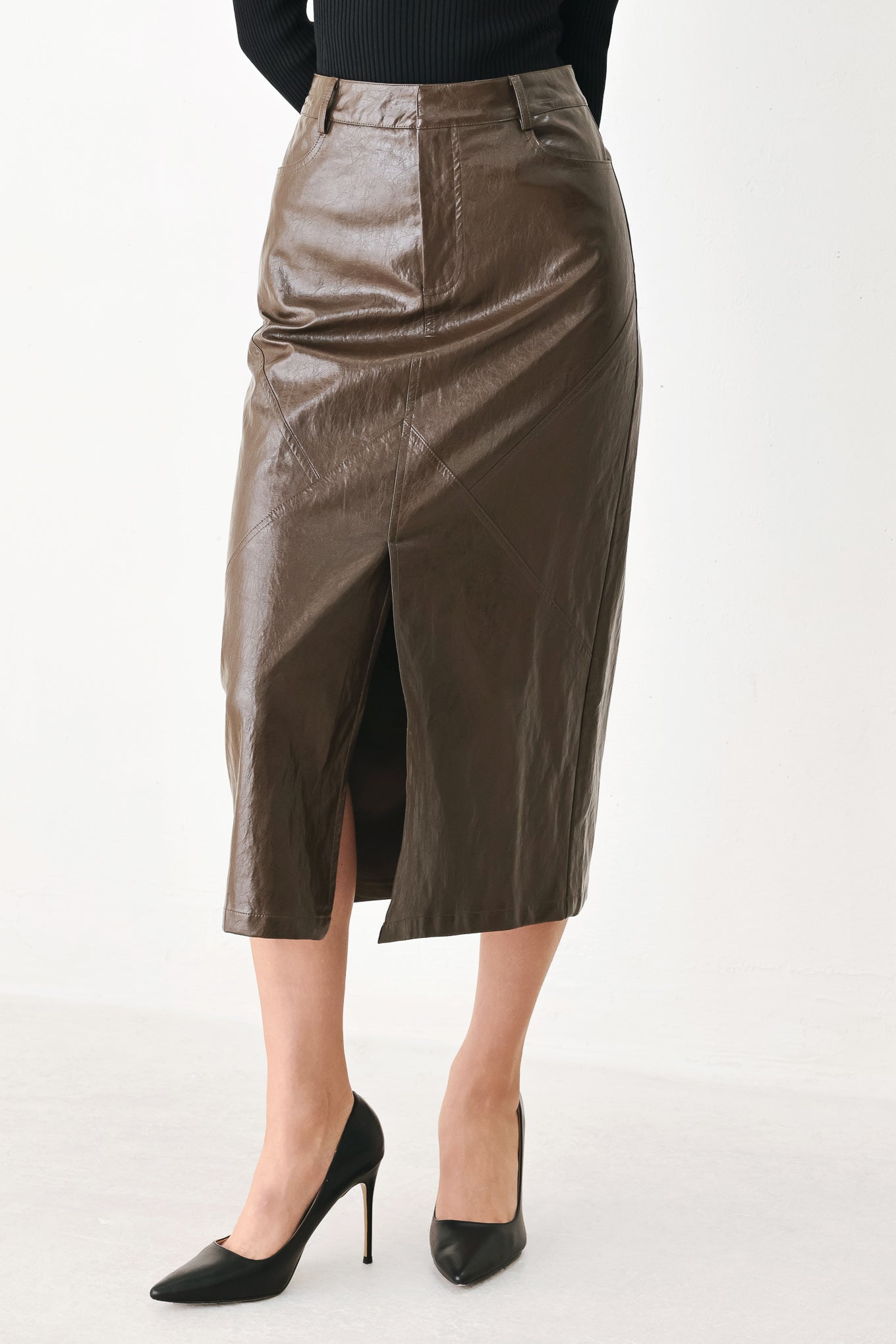 STONE LEATHER COLUMN FAUX LEATHER PENCIL SKIRT