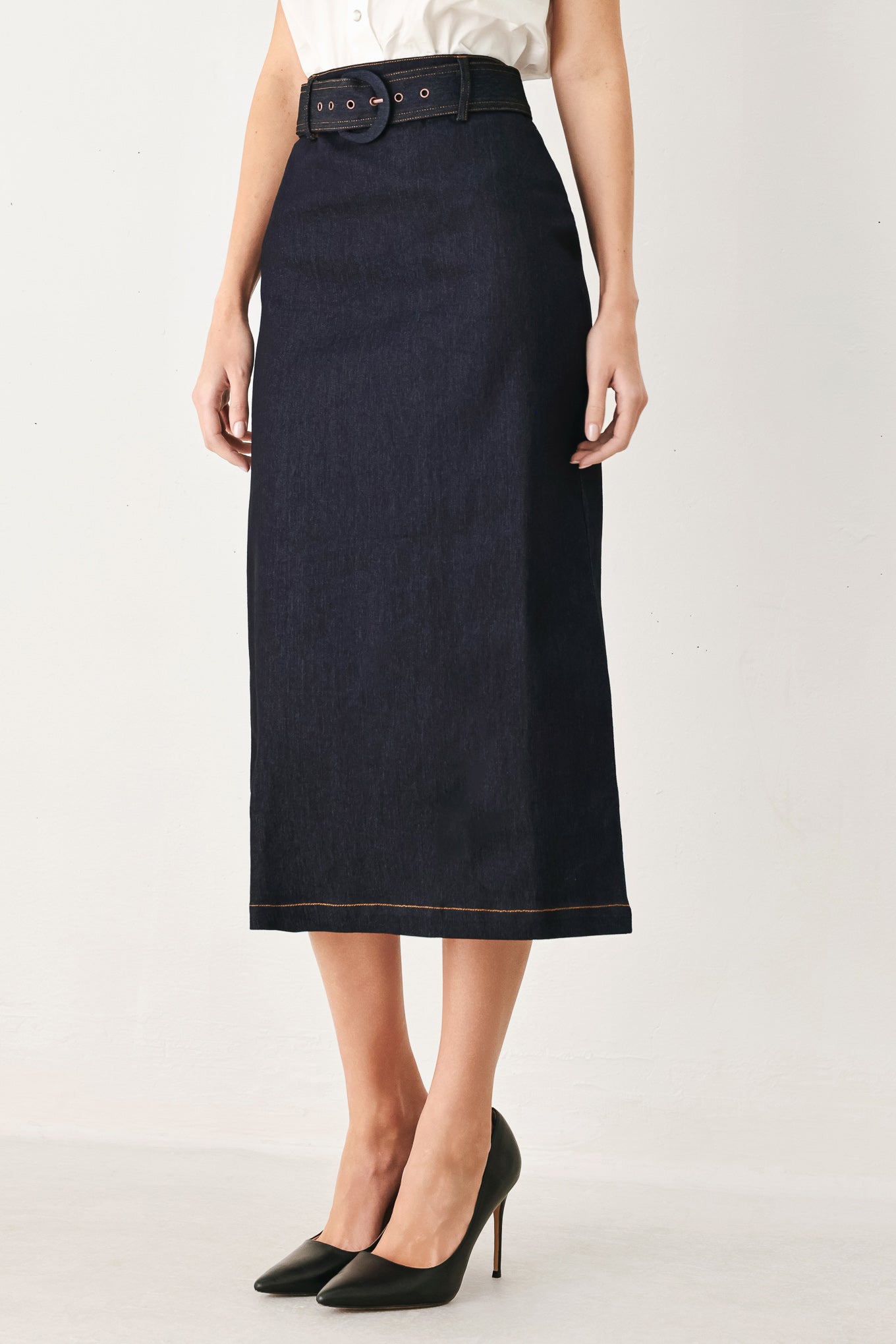 CLASSIC DENIM OFFICE MIDI PENCIL SKIRT