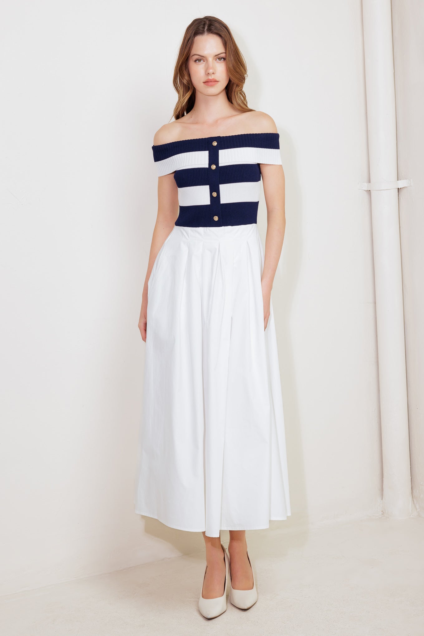 MODERN MUSE NAVY KNIT WOVEN MIDI DRESS