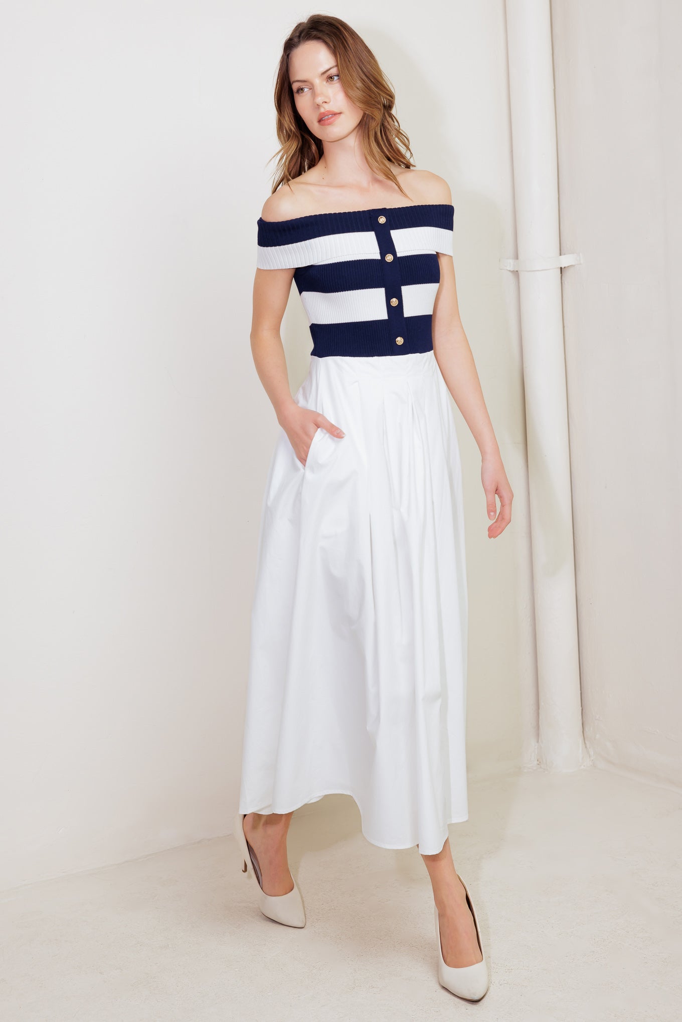 MODERN MUSE NAVY KNIT WOVEN MIDI DRESS